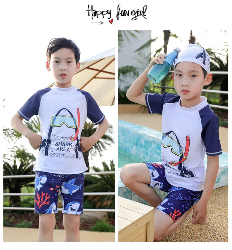 Kids Swimsuit Boys Two Pieces Shark Swimsuit Toddler Rash Guard and Trunk Set with Hat