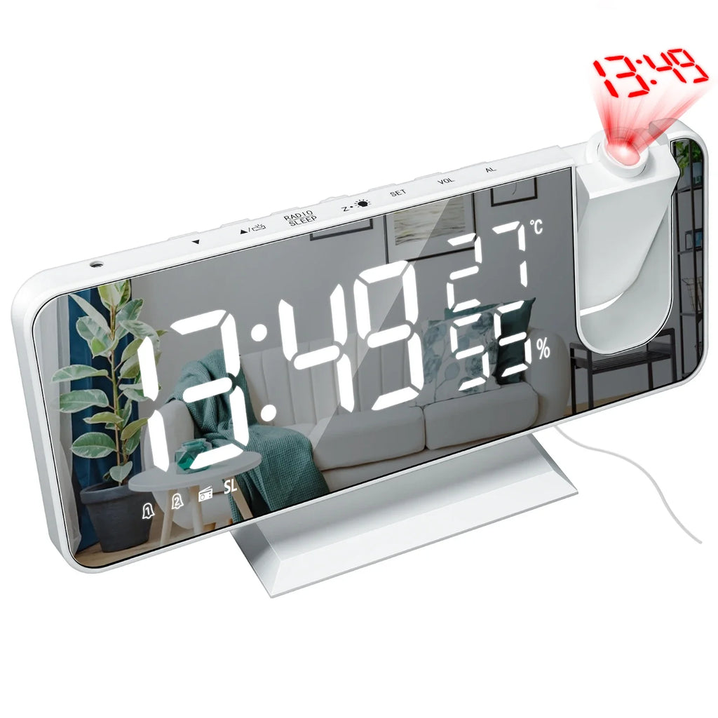 LED Digital Mirror Projection Alarm Clock Home FM Radio Thermometer Hygrometer USB Wake Up Watch 180° Projector Time Snooze Gift