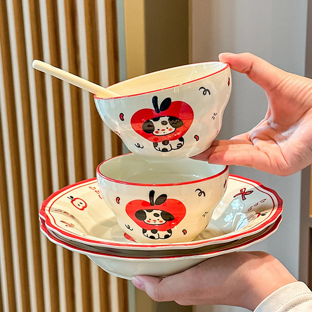 Cartoon Dog Pattern Ceramic Bowl Plates Home Kitchen Tableware Under-Glazed Color Porcelain Dining Bowls Restaurant Dinnerware