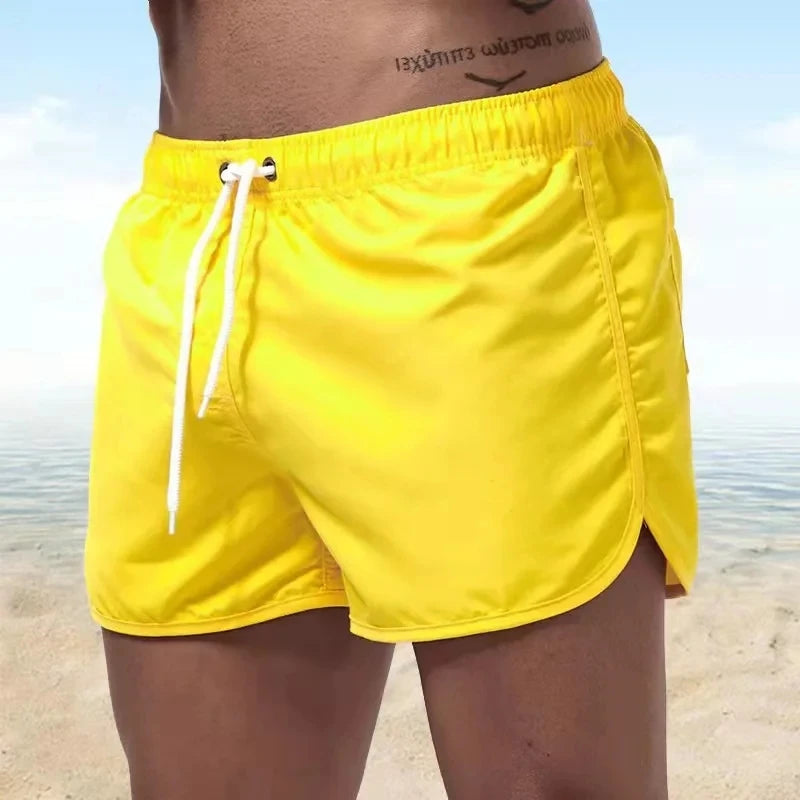 Mens Swim Trunks with Mesh Lining Side Pockets Solid Beach Shorts Quick Dry Lightweight Drawstring Board Shorts Summer Swimwear