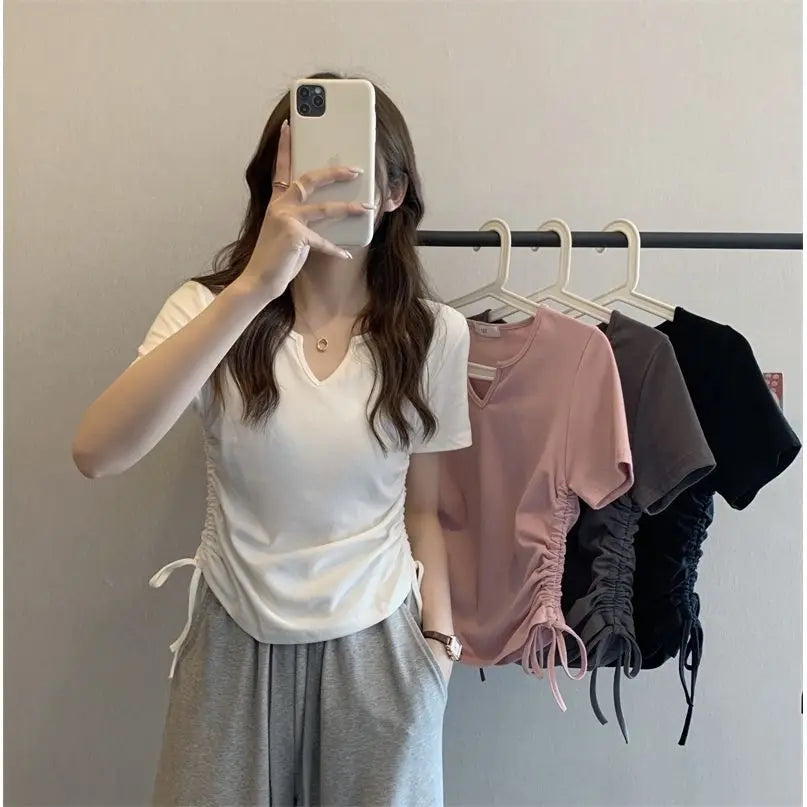 Summer Korean Fashion Y2K T-shirt Woman V-neck Drawstring Tee Shirt Femme Sexy Short Sleeve Clothes Women Kpop Crop Tops 90S