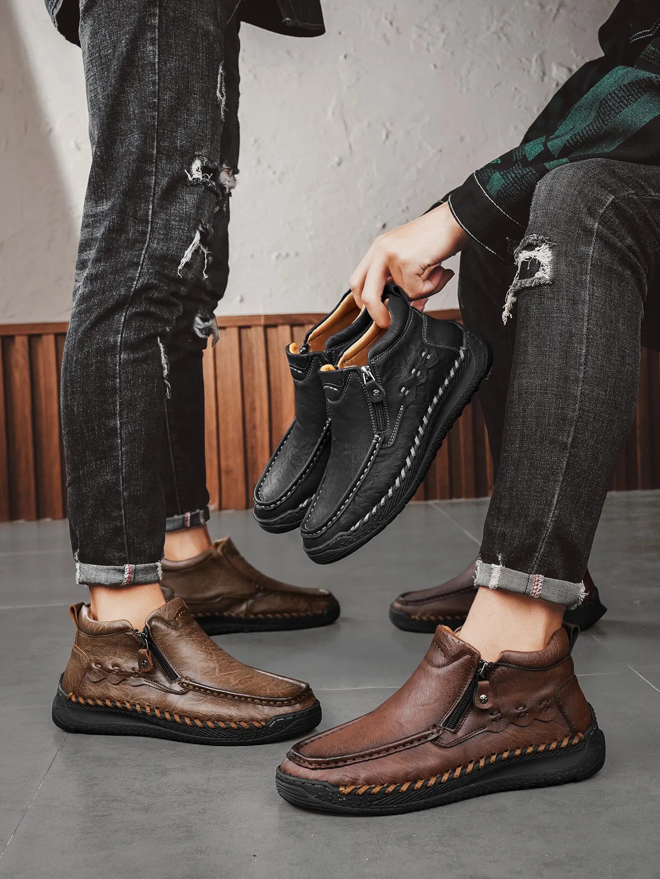 Men's New Fashionable High-Top Boots, Simple and Trendy Side-Zip Casual Sneakers, Autumn and Winter Outdoor Hiking Flat Shoes, Comfortable, Breathable, Wear-Resistant, Non-Slip, Large Size Men's Shoes