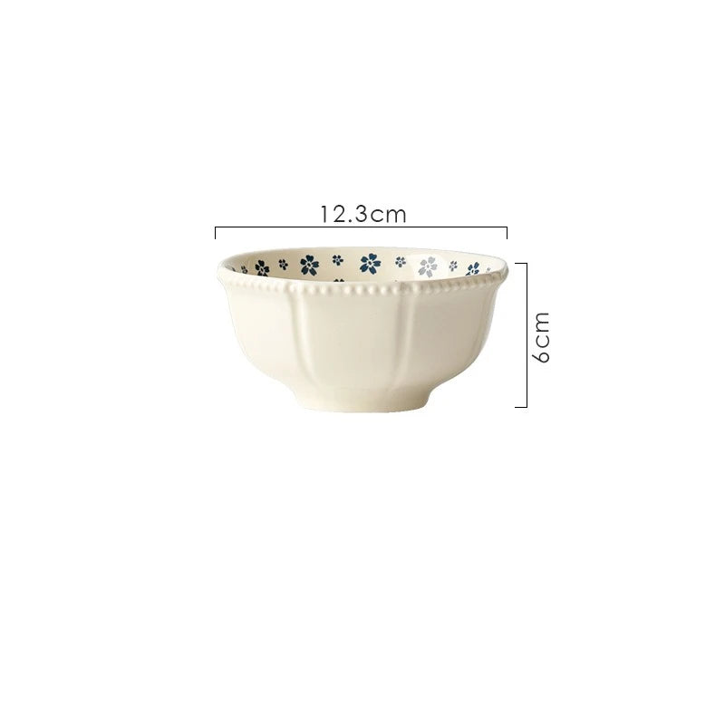 1PC Ceramic Tableware Retro Blue Cherry Blossom Household Rice Bowl Vegetable Plate Niche Bowl Set  Cute Bowl