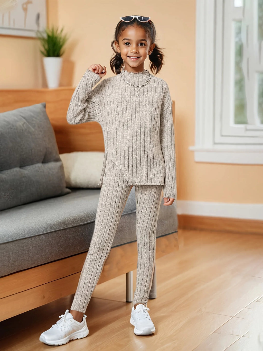 Children's Clothing Ins Girls Autumn Outfit Set Girls Long Sleeve Split Knit Top Skinny Pants Two-Piece Kids Fall Winter Solid Clothes