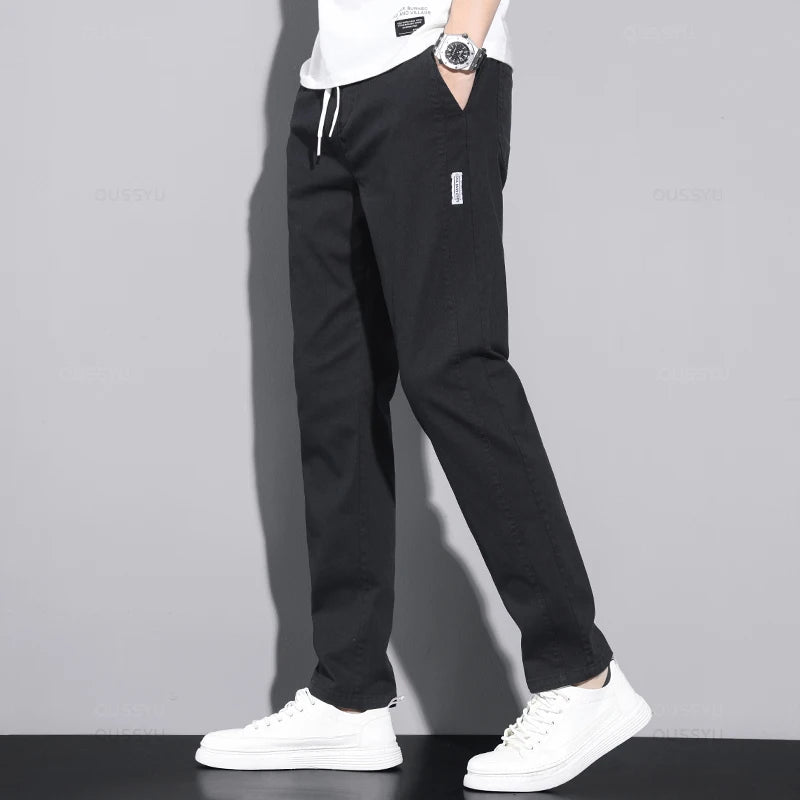 New Spring Autumn Cotton Men's Casual Pants Classic Drawstring Elastic Waist Stretch Blue Jogging Work Cargo Trousers Male