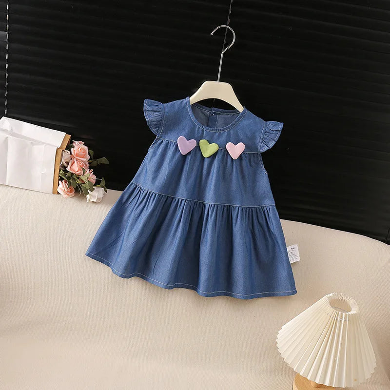 Kids Clothes Summer Girls Dress Denim Thin Sundress Sweet Sleeveless Heart Dresses Outdoor Children Clothing