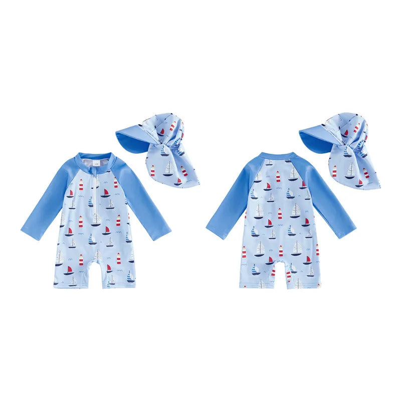 0-5years Toddler Baby Boys Swimsuit Set Sailboat/Shark Print bathing suit Upper Zipper Rash Guard Swimwear for toddler boys