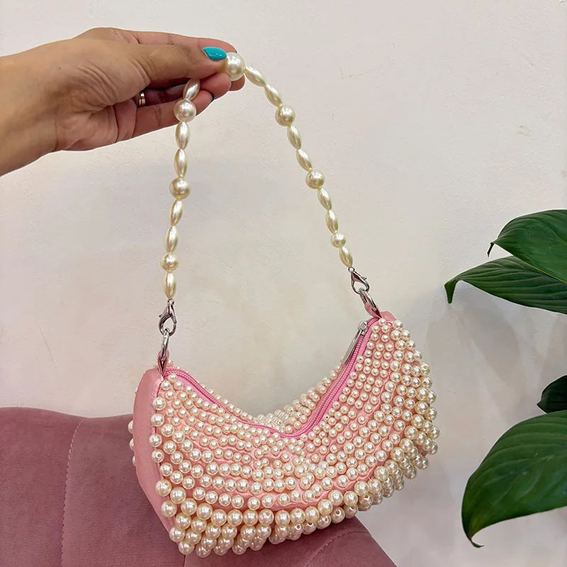 Women's Bag Pearl Handmade Woven Semi-circular Ladies Handbag High-end Party Banquet Bags