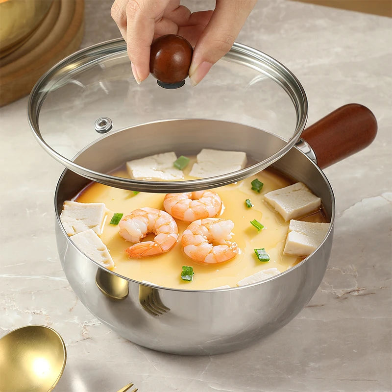Breakfast & More Cooking Pot - Small Stainless Steel Saucepan with Wooden Handle, Ideal for Frying Eggs, Warming Milk or Oatmeal