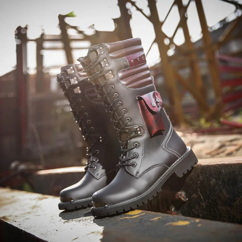 Men Knee High Leather Boots Winter Male Motorcycle Boots Gothic Punk Shoes Mens Outdoor Military Casual Tooling Boots Man