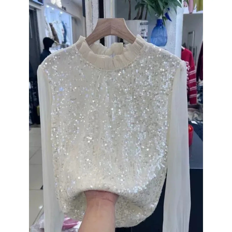Ruffled Chiffon Spliced Sequins Long-sleeved T-shirt for Women 2025 Early Spring New French Chic and Elegant Top