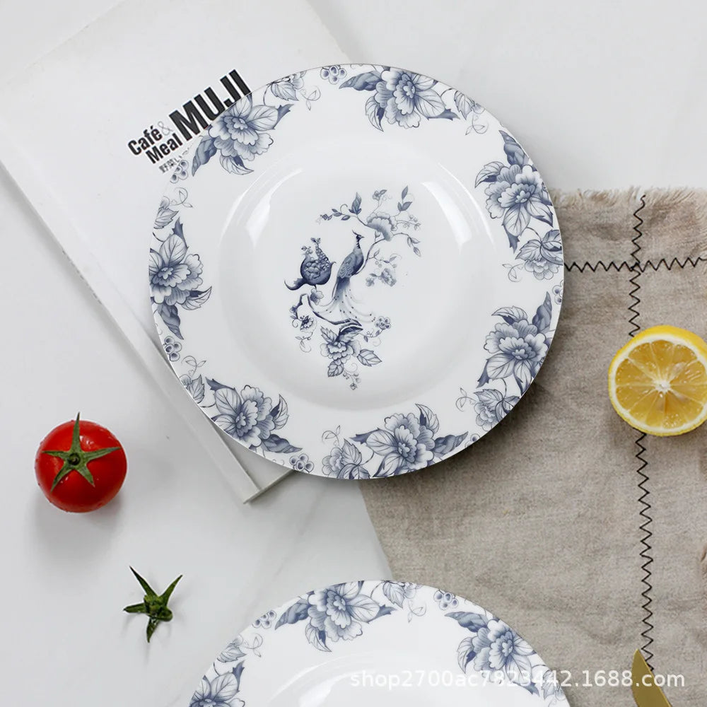 Bone China Dinning Plates Set Chinse style Flower Bird Peacock Porcelain Plate for Dessert Steak Bread Cake Dish Tray Coffee Cup