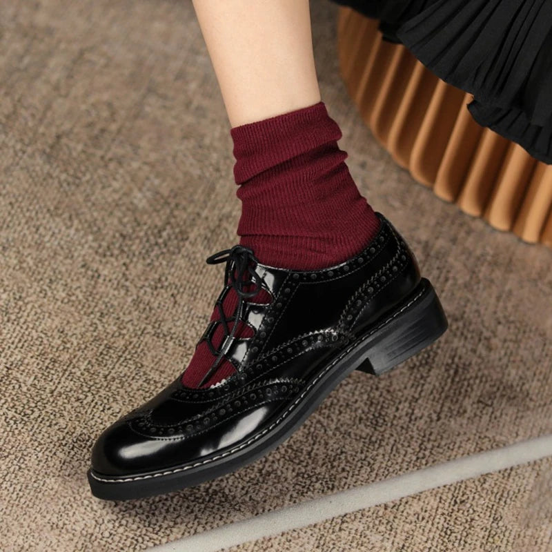 Oxford Shoes Women Split leather Shoes for Women Spring/Autumn Women Loafers Summer Brogues Vintage Lace-up Shoes Women Pumps