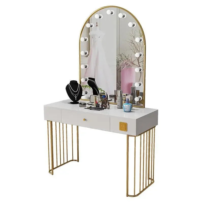 Vanity Set with Lighted Mirror, Makeup Vanity Dressing Table with LED Light, Drawers, Storage Shelves and Cosmetics Cabinet