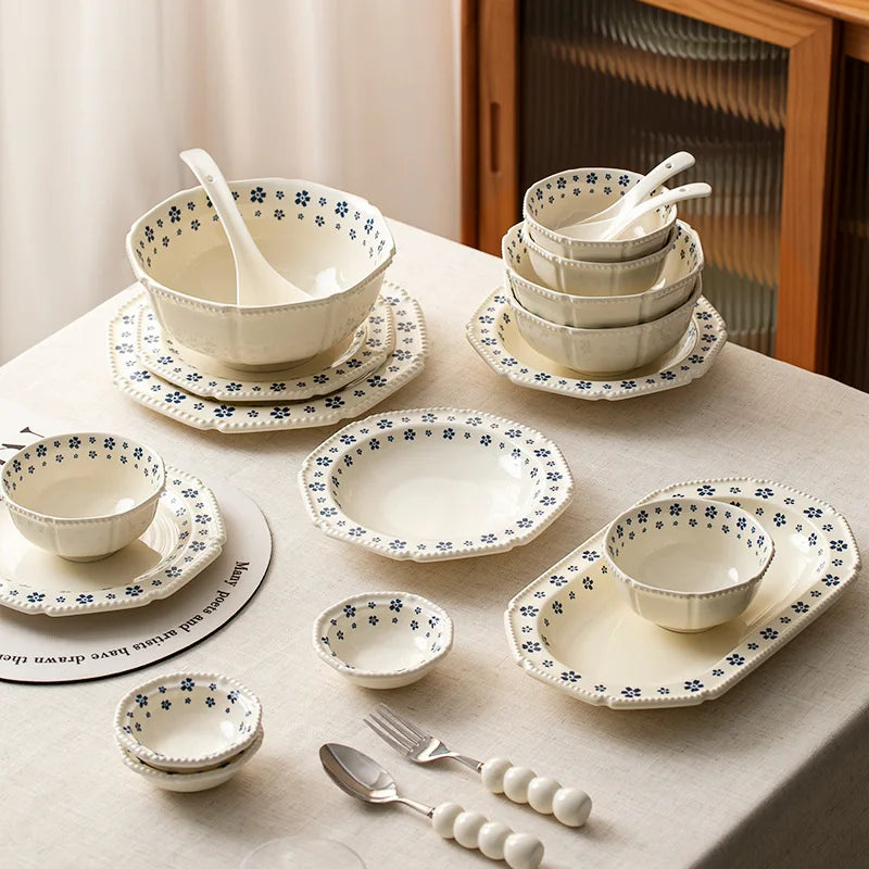1PC Ceramic Tableware Retro Blue Cherry Blossom Household Rice Bowl Vegetable Plate Niche Bowl Set  Cute Bowl