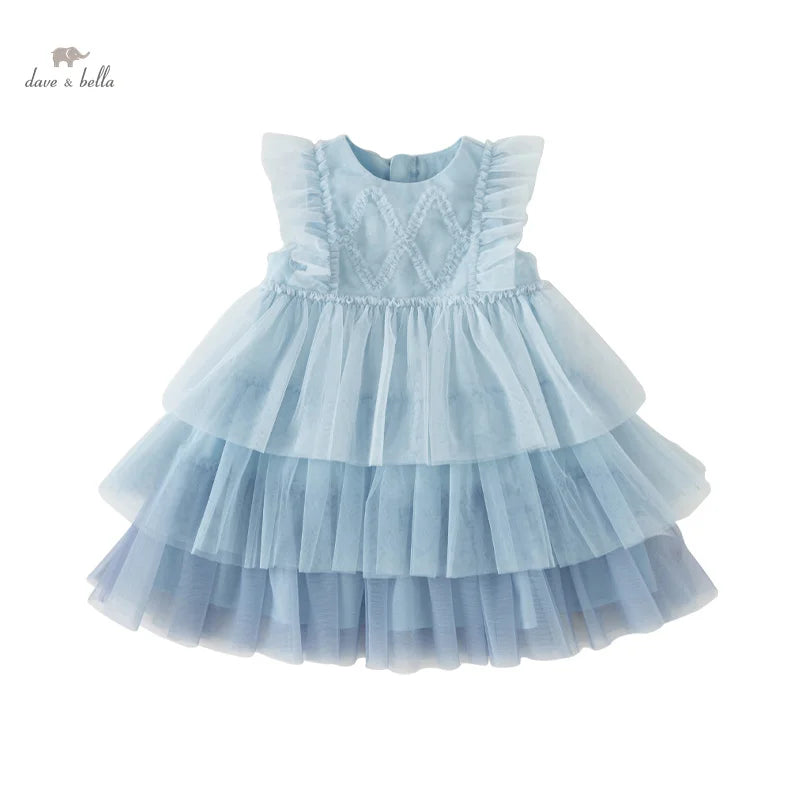 Dave Bella Girl's Princess Dress 2025 New Summer Children's Baby Sleeveless Blue Mesh Layered Dress Cute Sweet Party DB2240502