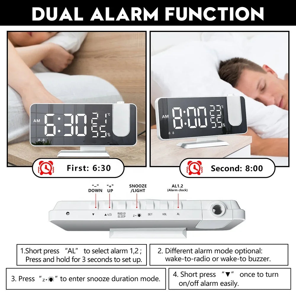 LED Digital Mirror Projection Alarm Clock Home FM Radio Thermometer Hygrometer USB Wake Up Watch 180° Projector Time Snooze Gift
