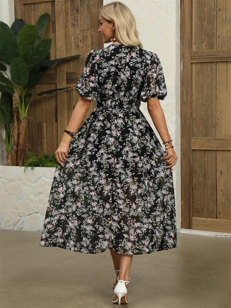 Msfilia Fashion V Neck Floral Dress Women's Midi High Waist A Line Chic Print Retro Lantern Sleeves Summer Long Dress