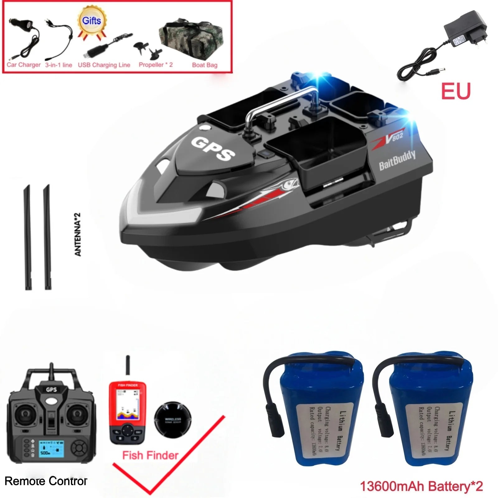 GPS Positioning 160 Positioning Points Fishing Boat Rc Bait Boat 4 Hoppers Waterproof 3KG Load 500M 15KM/H GPS One Click Return