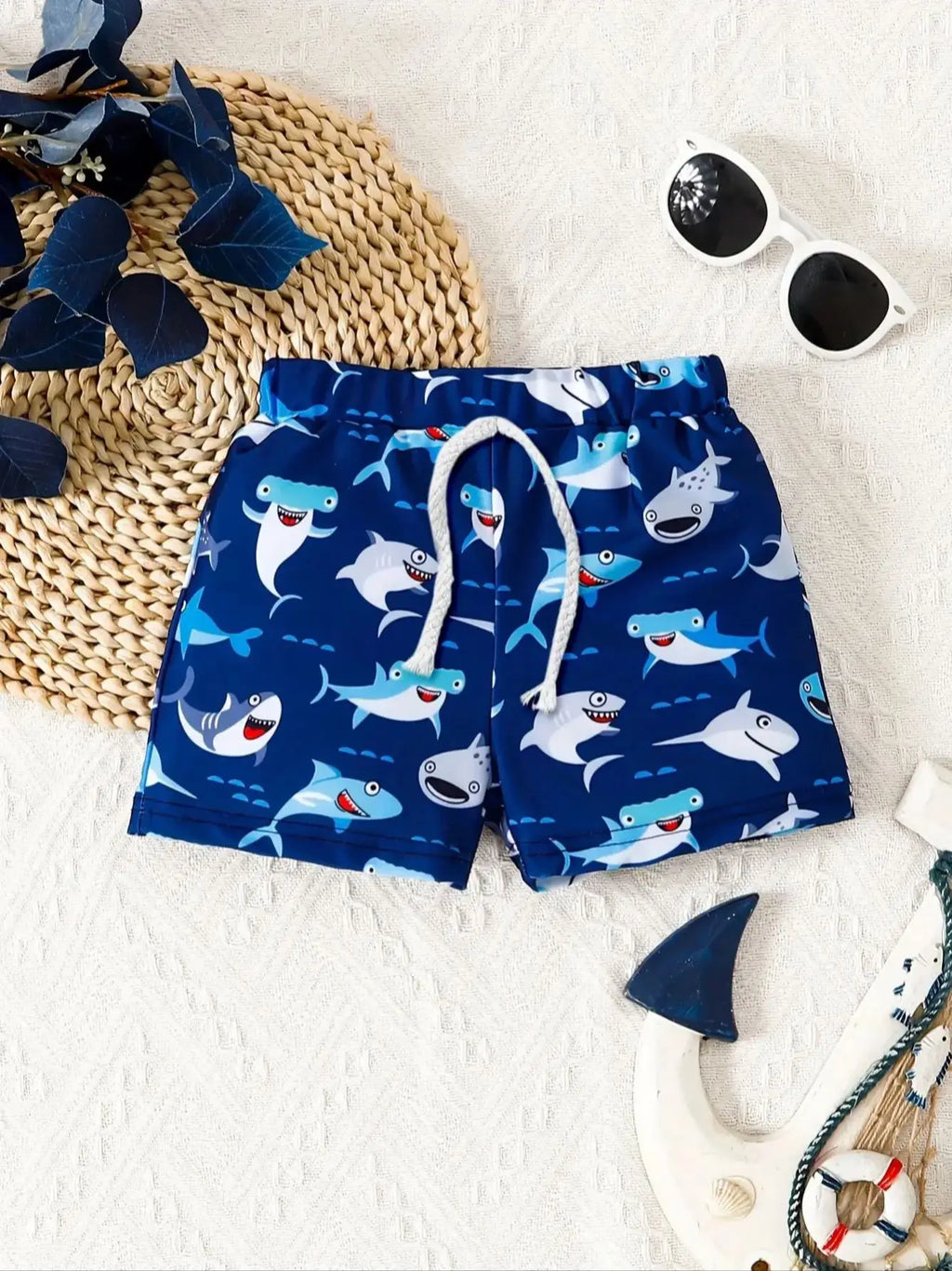 Summer Toddler Boys Swim Trunks 1-3Y Cartoon Shark Print Drawstring Waist Quick-Dry Swim Shorts Kids Beachwear