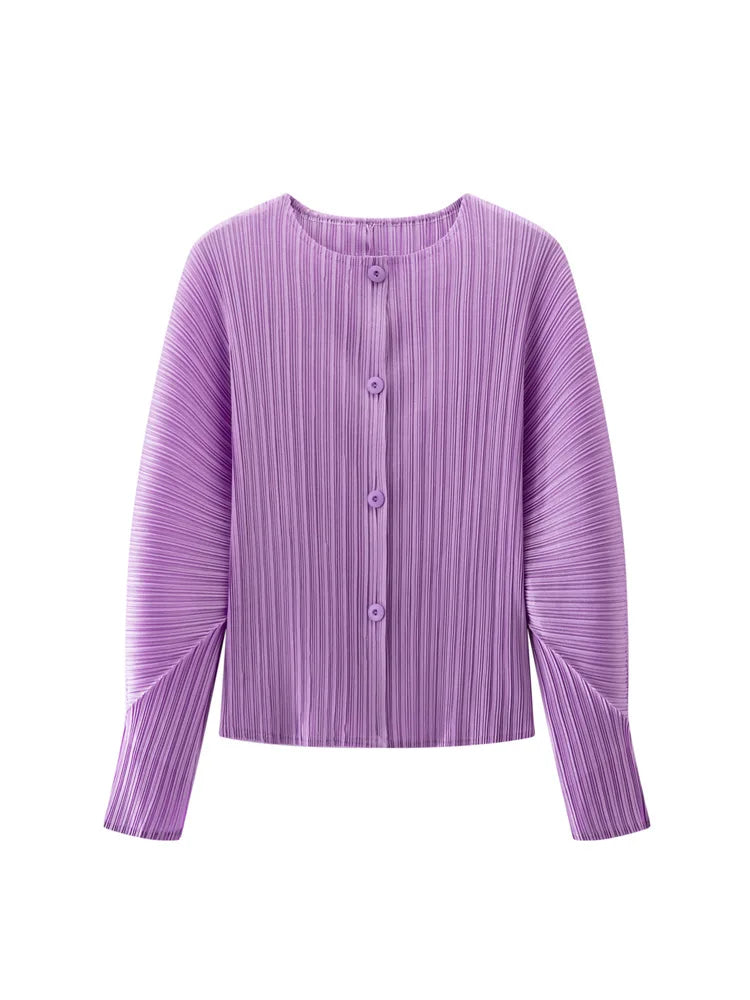 Miyake Pleated Solid Color Round Neck Cardigan Short Jacket for Women Long Sleeve Spring 2025 New Fashionable Age-reducing Top