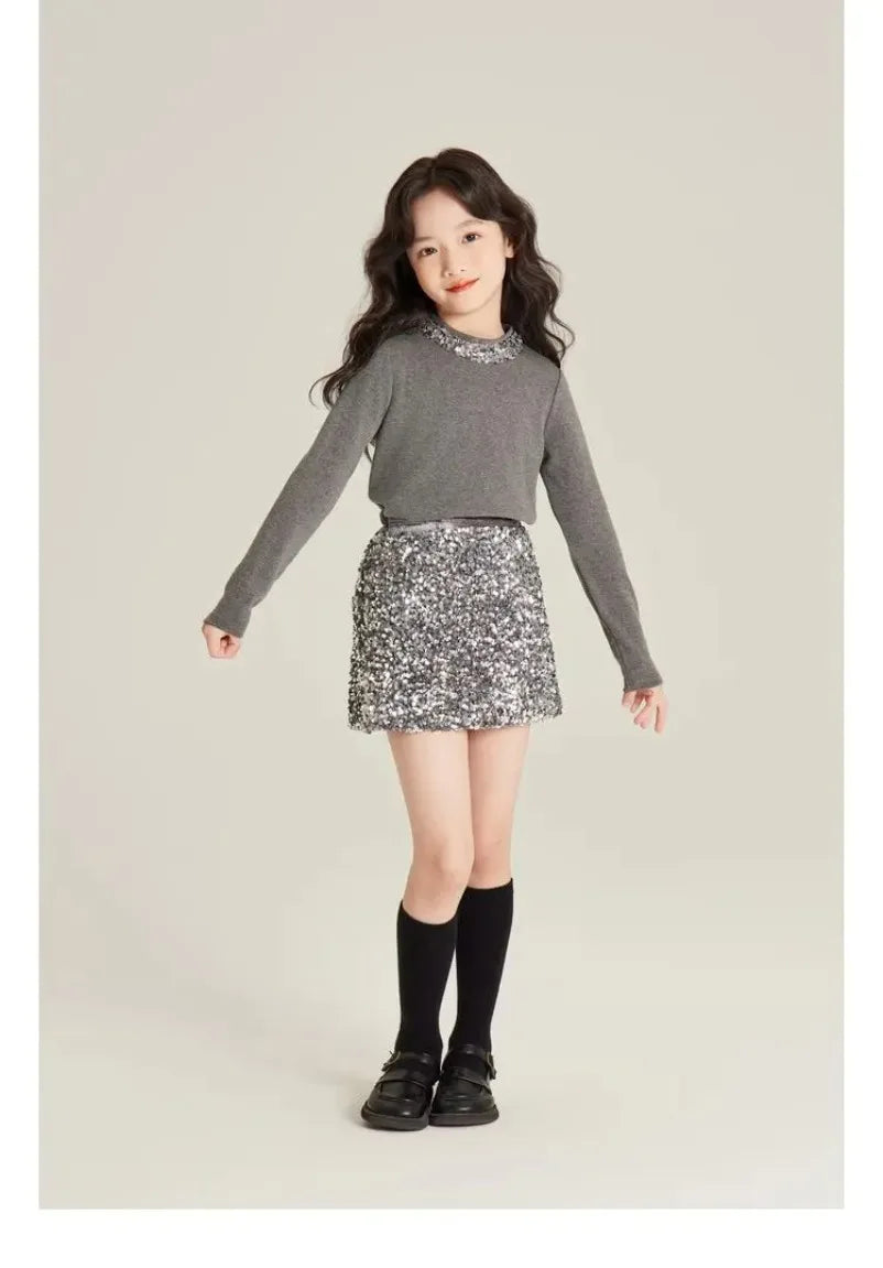 Kids Girls Clothes Girls Fall Boutique Sets Top  Sequined  Elementary Student Clothes Skirts Princess 2025  Elegant Suits 3-8 T