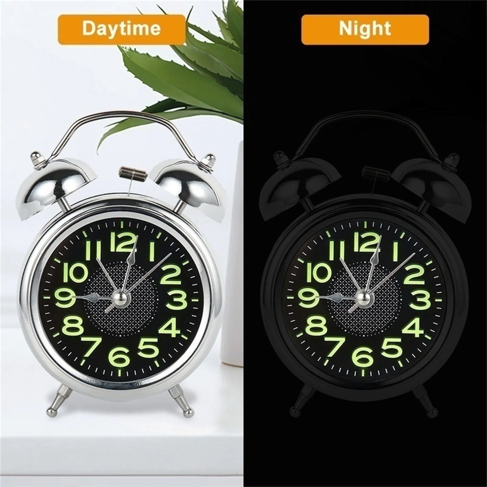 4 Inch Twin Bell Loud Alarm Clock Metal Frame Luminous Dial Battery Operate Desk Table Alarm Clock For Home And Office