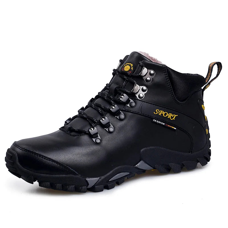 Mens Hiking Boots Leather Comfort Outdoor Anti Slip Trekking Shoes Super Warm Winter High Top Lace Up Casual Snow Boots for Men
