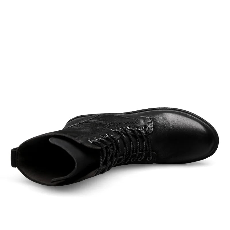 Winter Men High Leather Boots Combat Tactical Shoes Hunting Pure Black Plus Big Size 49 50 51 52