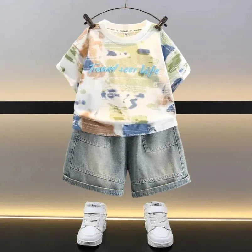 Kids Clothing 2pcs Sets Boys Grey Hole Short Sleeved T-shirt+ Denim Shorts Summer Suit 2025 New  Handsome Baby Clothes