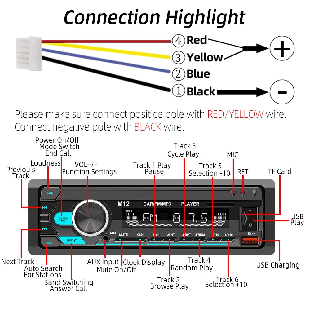 HIPPBQCC Car Stereo Radio 1Din Player FM MP3 Player Digital Bluetooth Car Radio Stereo Audio Music USB/SD with In Dash AUX Input