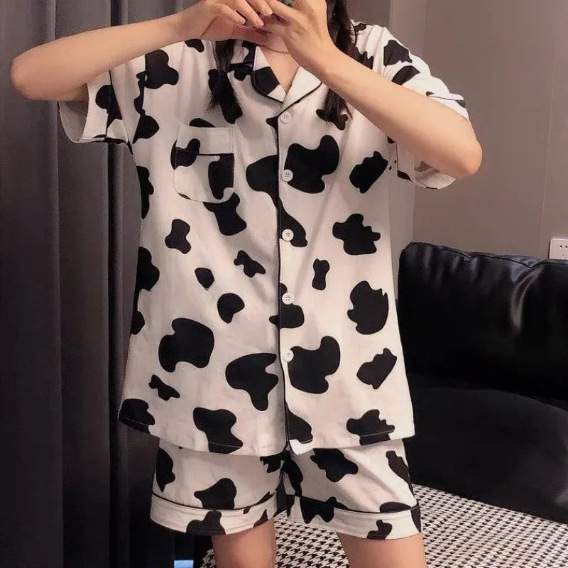 Hello Kitty Girls Cute Pajamas Sets Loose Nightgown Cartoon Soft Short Sleeve Tops Shorts Sweet Women's Clothes Sleepwear Summer