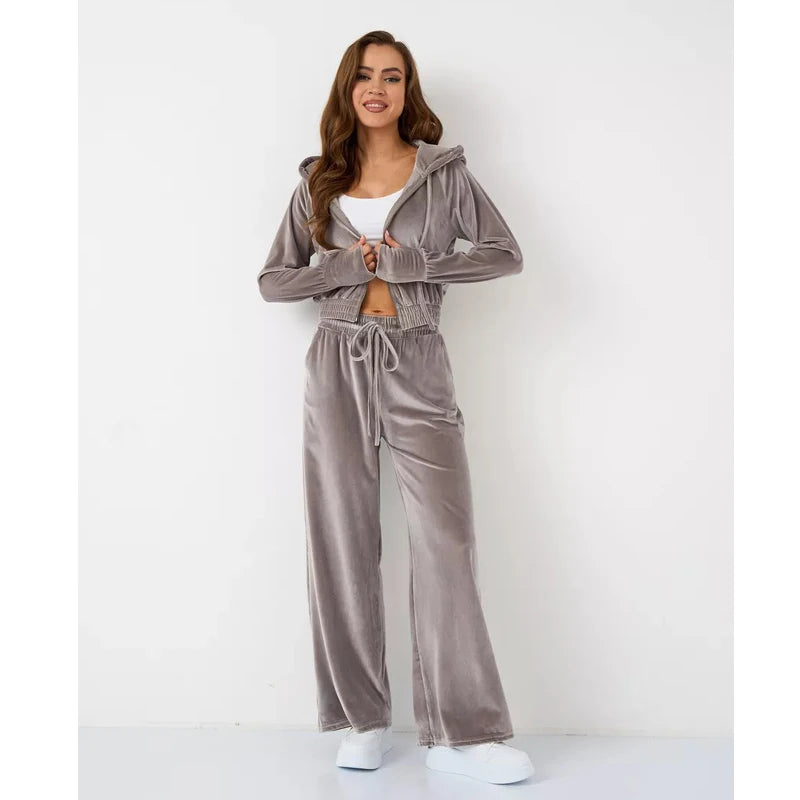 Women's Slim Fit Hoodie And Pants Set Silver  Fur Zipper ort Open Cardigan Two Piece Suite Long Sve Long Pants