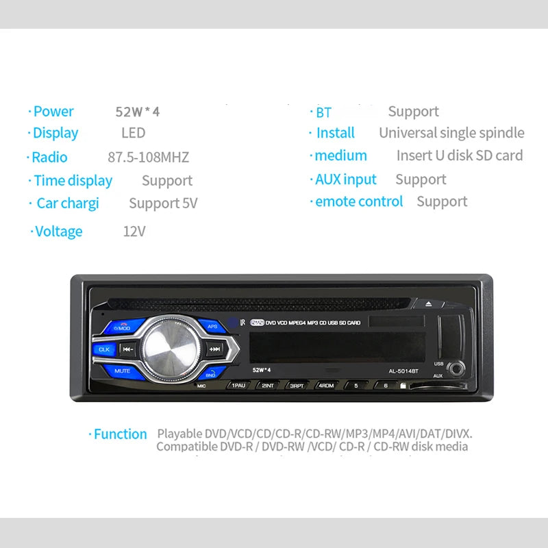 DVD VCD CD Car Multimedia Player Car Radio Bluetooth Car  Tuner Stereo Bluetooth FM Radio MP3 Audio USB SD In-Dash 1 DIN 12V