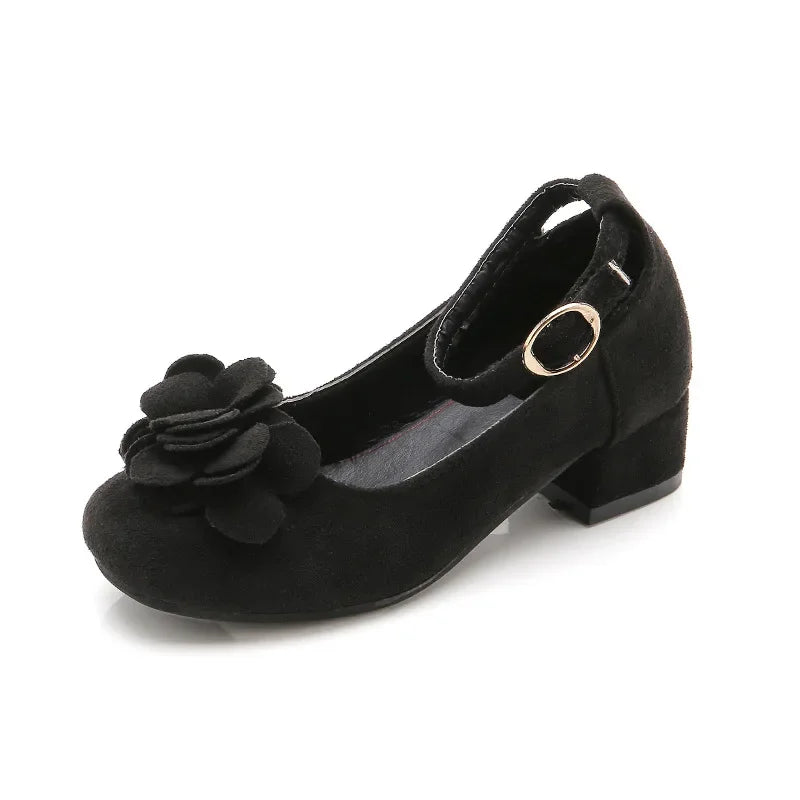 Girls Party Shoes High Heeled Fashion Princess with Flowers Sweet Chic Kids Leather Shoes for Wedding Model Shoes Ankle-strap