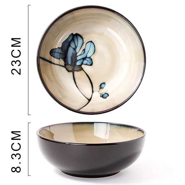 Ceramic hand-painted flowers creative dish plate Japanese tableware household fish plate round fruit plate kiln change rice bowl