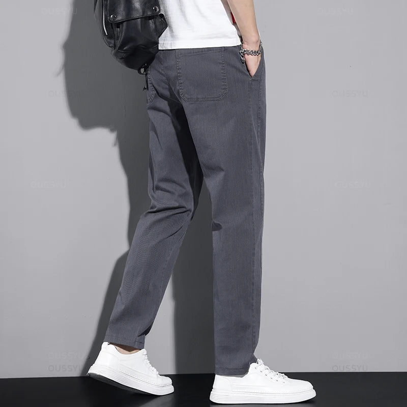 New Spring Autumn Cotton Men's Casual Pants Classic Drawstring Elastic Waist Stretch Blue Jogging Work Cargo Trousers Male