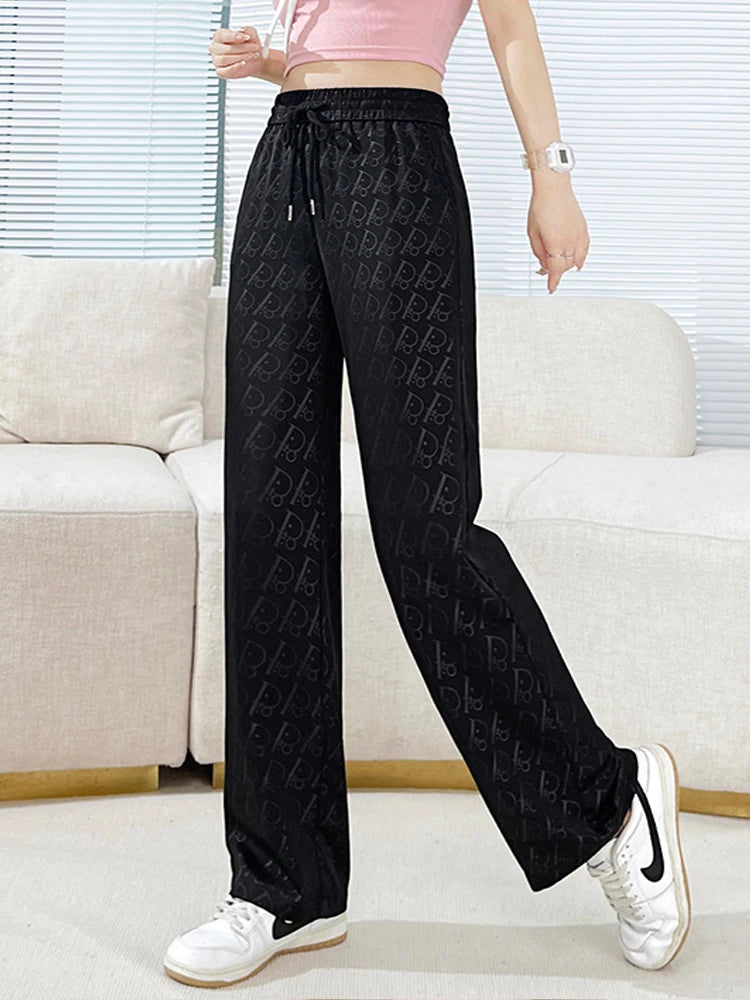 Summer Satin Letters Print Pants Women Casual Streetwear Loose Hight Waist Fashion Straight Trousers Pantalon Pour Femme New 4XL