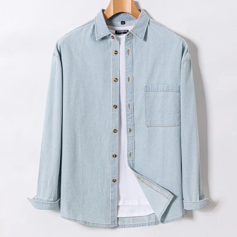 New Jeans Shirts Men Cotton Long Sleeve Button Front Pocket Casual Street Wear Slim Fit Denim Dress Spring Autumn Youth Clothing