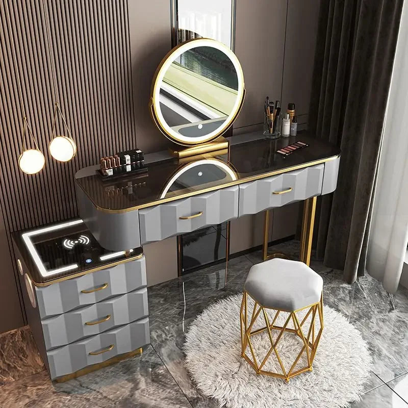 Makeup Vanity Desk with Wireless Charging Station and Bluetooth Speaker, Dressing Table with Tempered Glass Desktop,Vanity Set