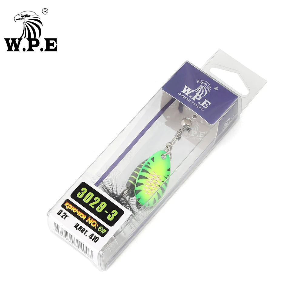 W.P.E 1pcs Spinner Lure 3.7g/5.3g/8.2g/10.5g Bait Metal Brass Spoon Hard Lure Feather Treble Hook Fake Lure Fishing Tackle Pesca