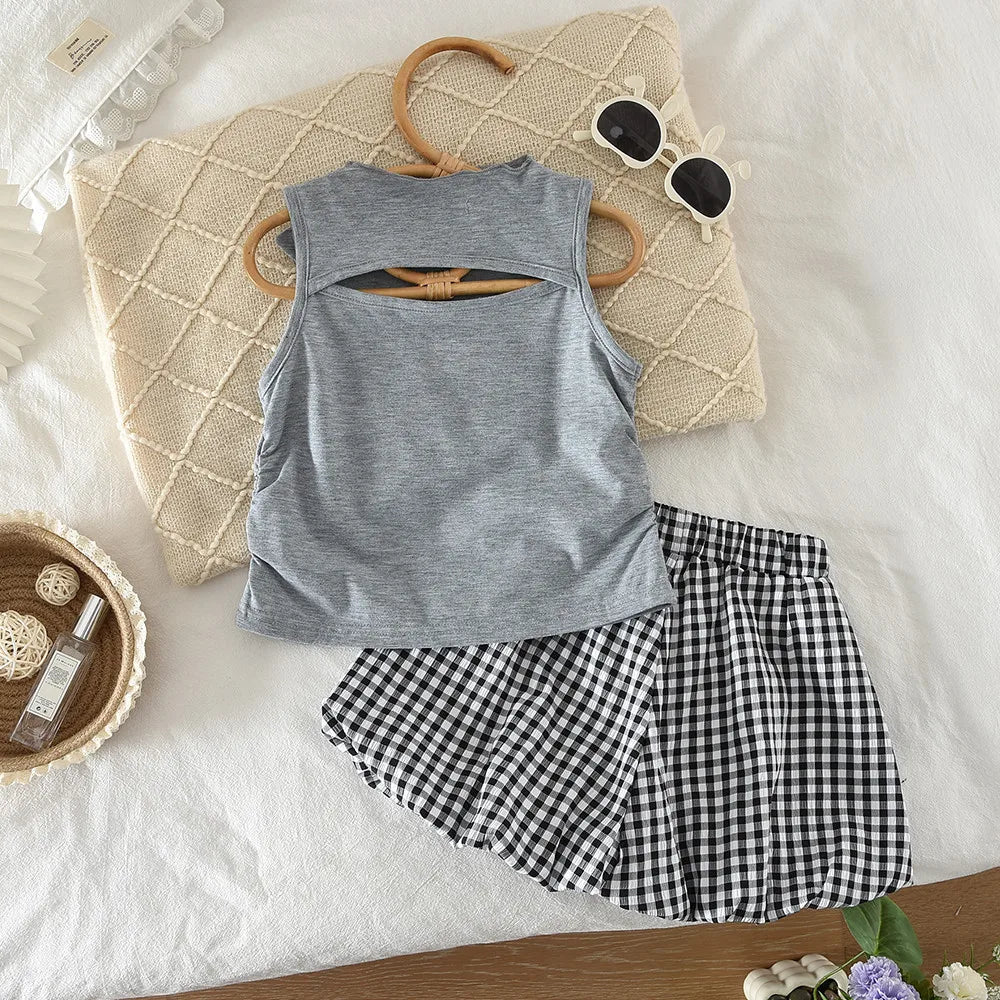 2026 Kids Clothing Girls' Summer Clothing Gray Bow Hollow Sleeveless Top + Checkered Shorts Daily Casual Children's Set