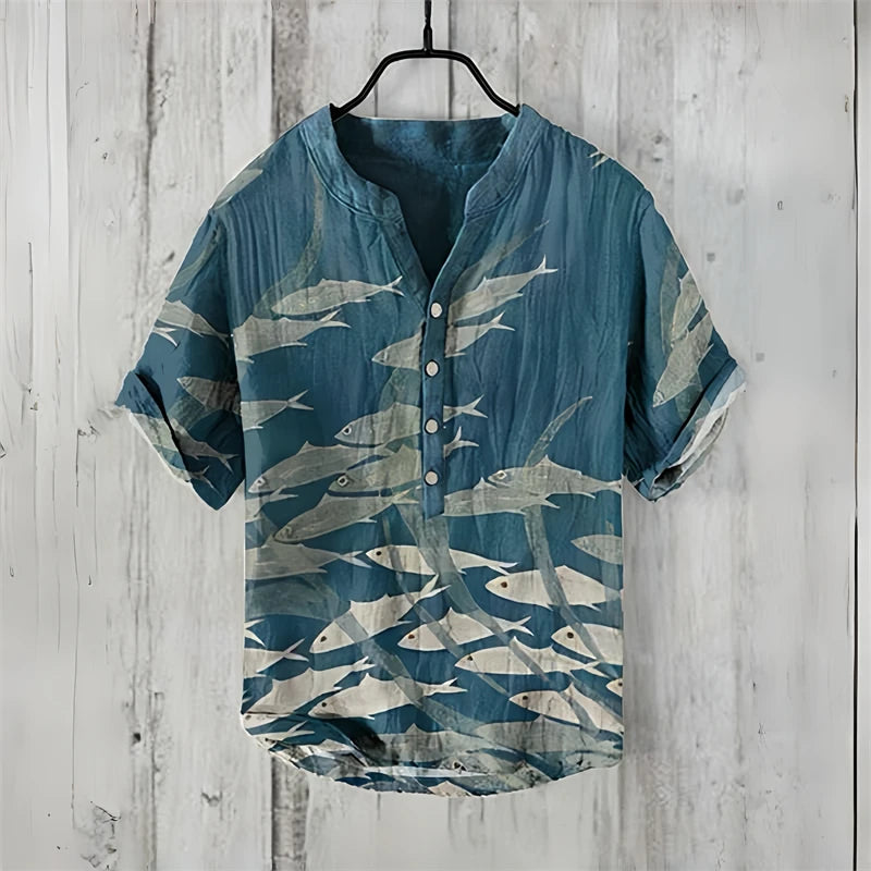 Spring and summer men's and women's shirts, fashionable shirts, casual fish pattern Hawaiian style printed shirts, linen tops