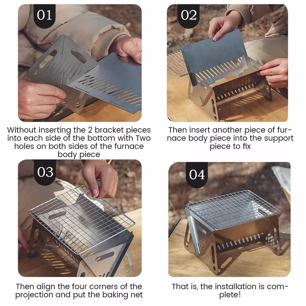 Wood Burning Camp Stove Picnic BBQ Burner Portable Folding Backpacking Stove with Grill-Grid Wood Fire Stove for Outdoor