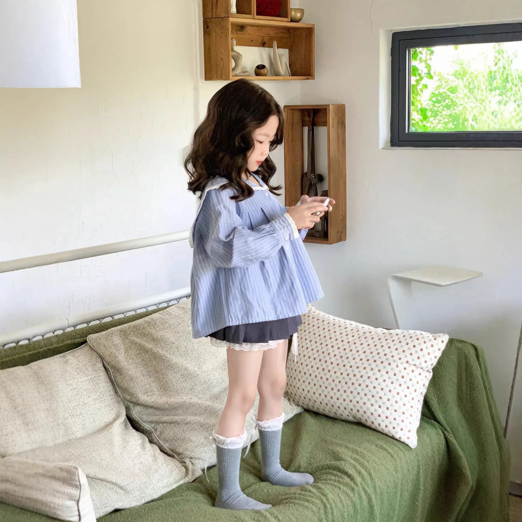 Korean Children's Clothing Girls' Shirt for Spring and Summer 2026 Blue Stripe Long Sleeved All-match Kids Shirt