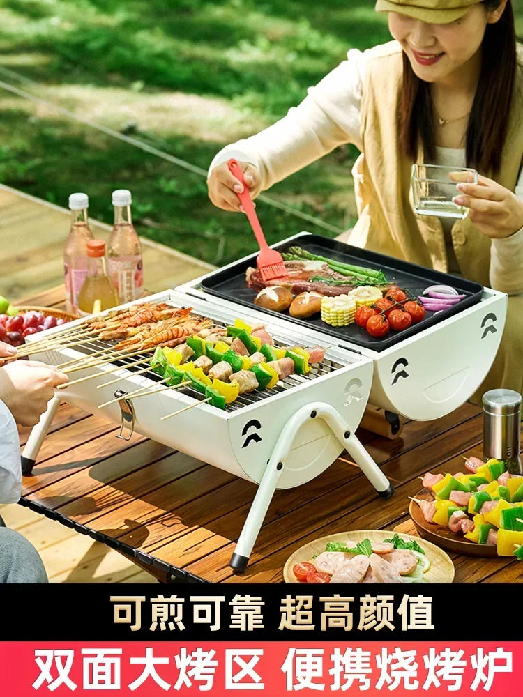 Portable Foldable  Barbecue Grill with Charcoal BBQ, Ideal for Outdoor Cooking AD