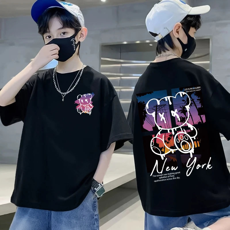 Korean Children's Clothes 2025 Summer Tops Art New York City Graphic T Shirts Cotton Baby Boys Short Sleeves Shirt Kids Clothes