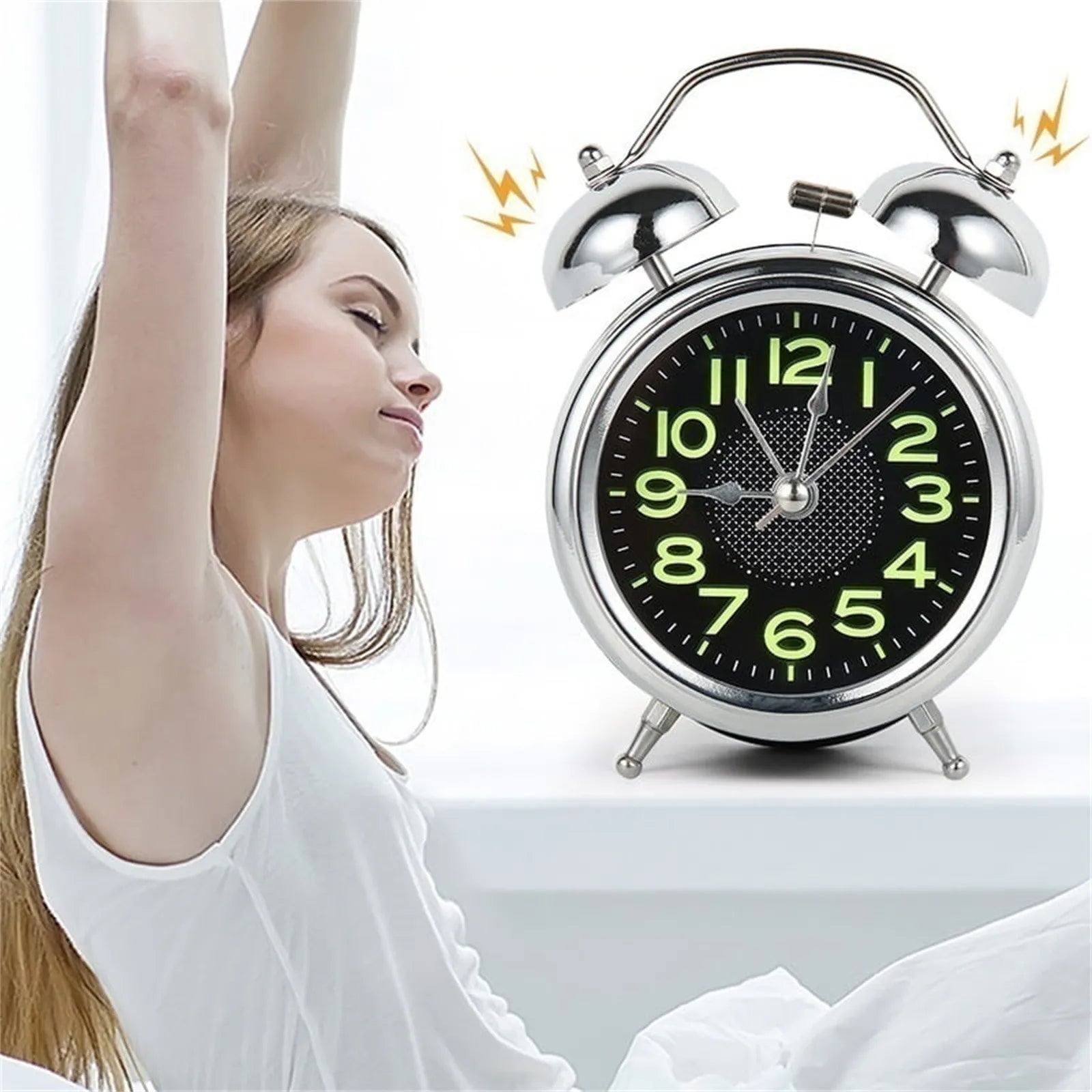 4 Inch Twin Bell Loud Alarm Clock Metal Frame Luminous Dial Battery Operate Desk Table Alarm Clock For Home And Office