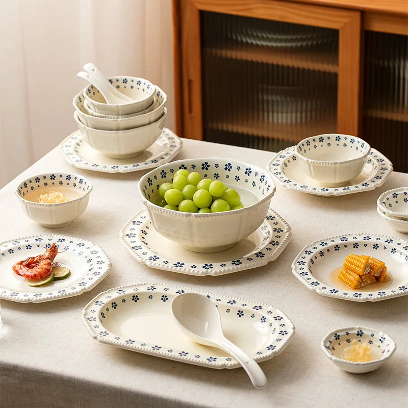 1PC Ceramic Tableware Retro Blue Cherry Blossom Household Rice Bowl Vegetable Plate Niche Bowl Set  Cute Bowl