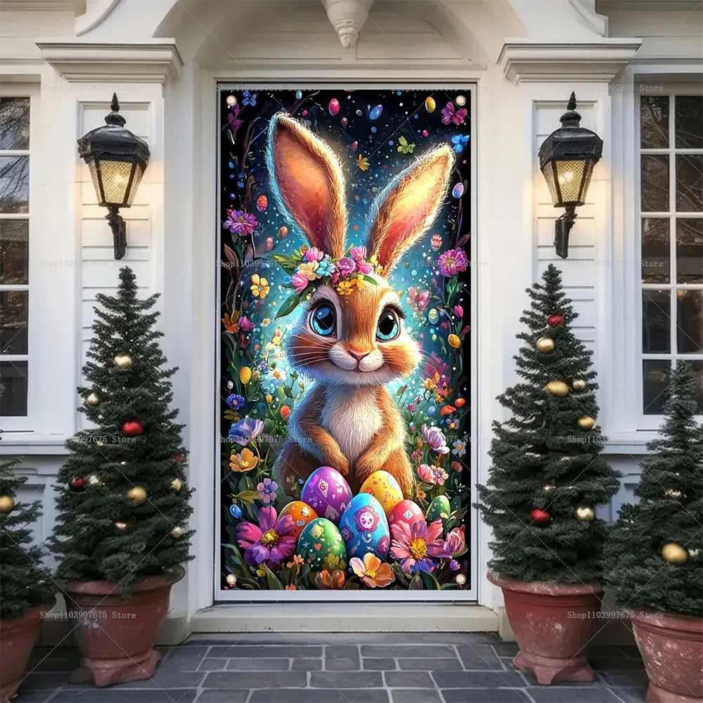 Easter Bunny Door Cover Banner Vinyl Easter Eggs Flowers 2D Door Banner for Spring Holiday Party Background Decoration Supplies